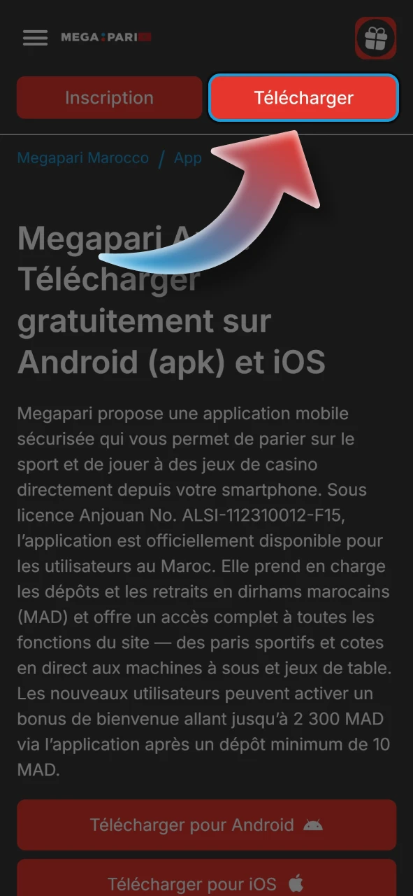 Cliquez sur le bouton de téléchargement de l'application Megapari pour lancer le processus.