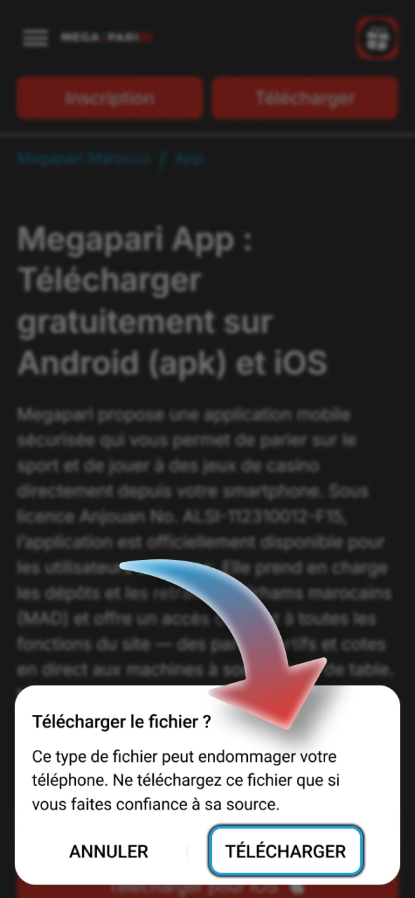 Confirmez le téléchargement du fichier de l'application Megapari sur votre téléphone.