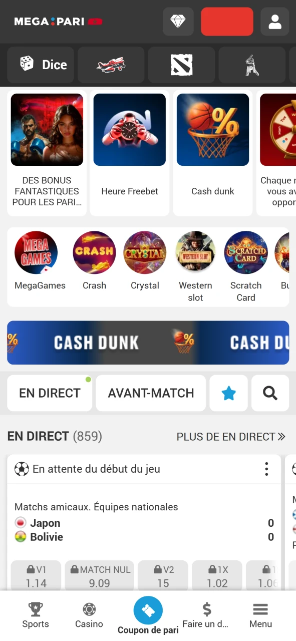 Page d'accueil de l'application officielle Megapari.