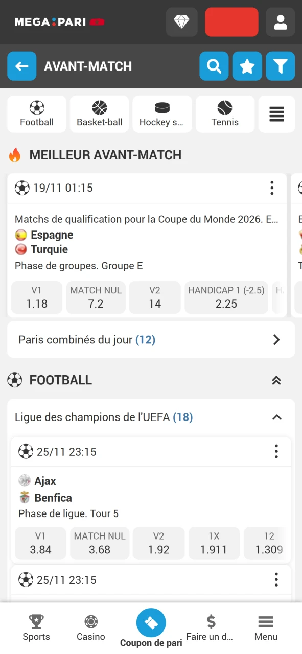 Soutenez n'importe quelle équipe à tout moment dans l'application Megapari.