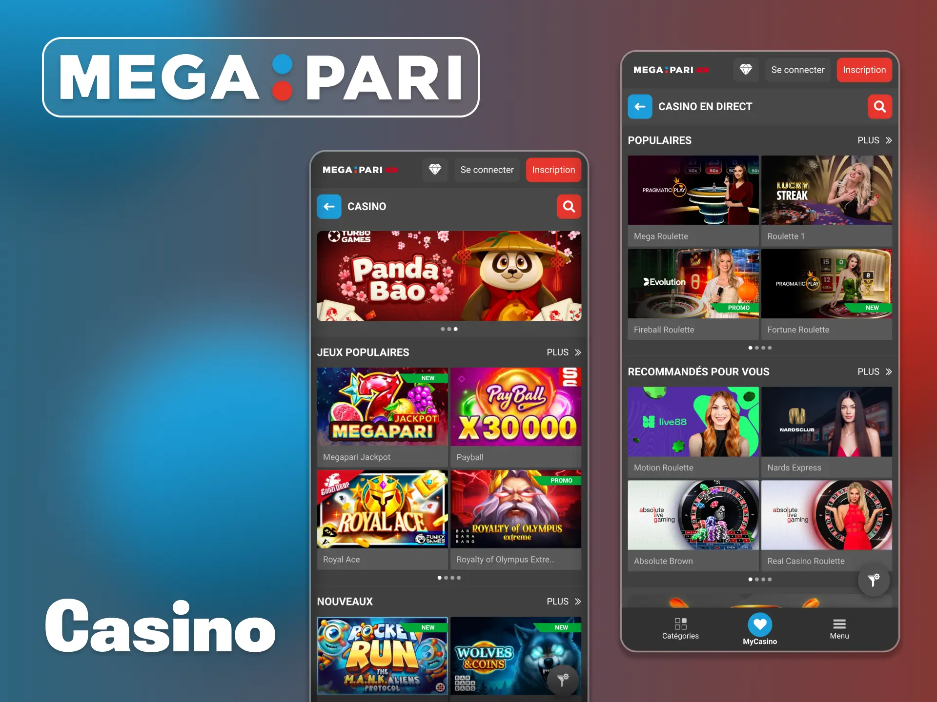 Accédez à l'intégralité de la section casino via l'application Megapari.