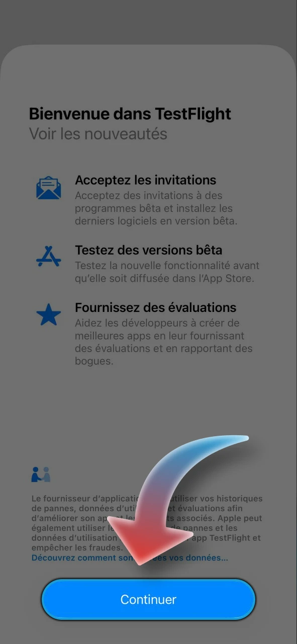 Lancez l'application TestFlight pour commencer l'installation de l'application Megapari.