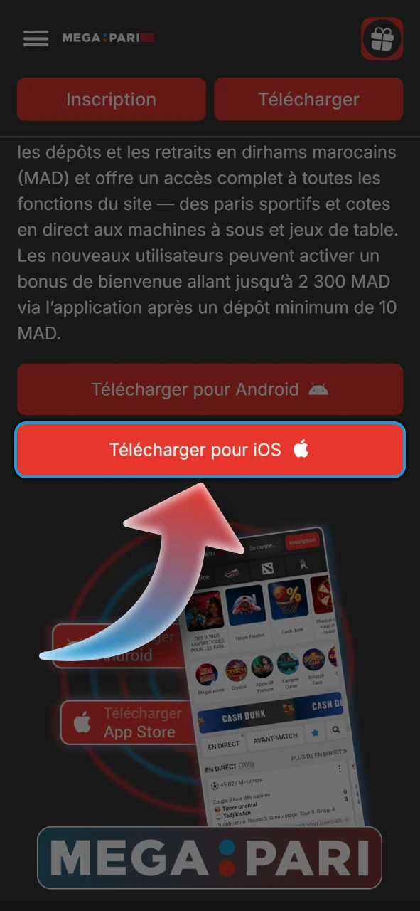 Cliquez sur le lien en haut de la page pour commencer le téléchargement de l'application Megapari.