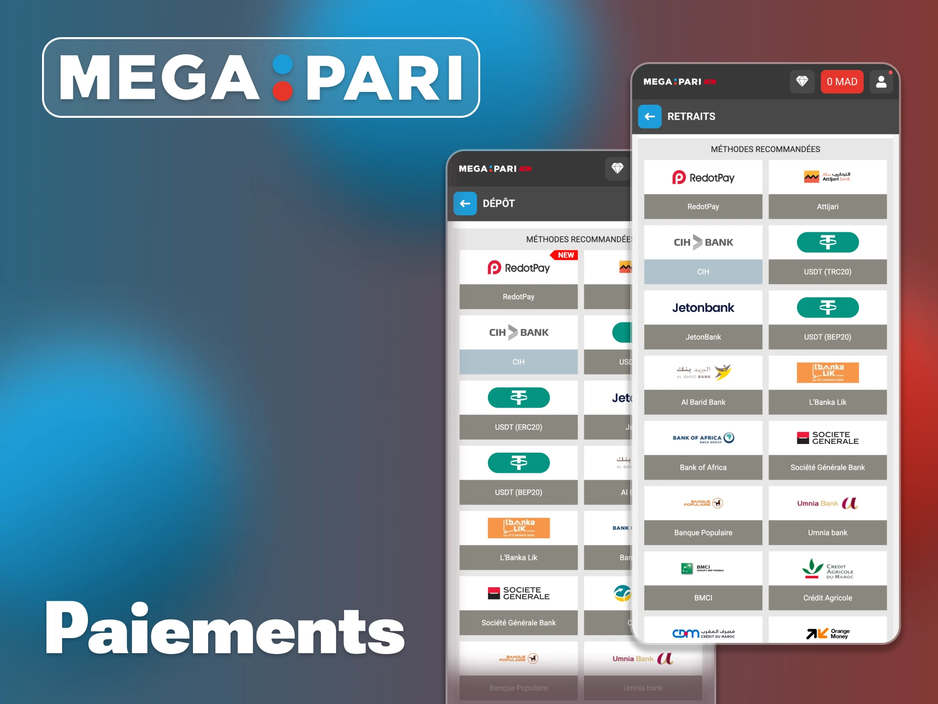 L'application Megapari prend en charge des méthodes de paiement sécurisées.