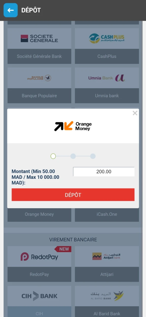 Choisissez un mode de paiement et effectuez un dépôt sur Megapari.
