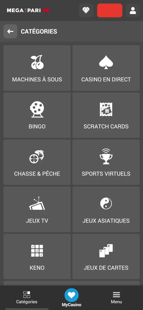 Choisissez une catégorie de jeux de casino Megapari.