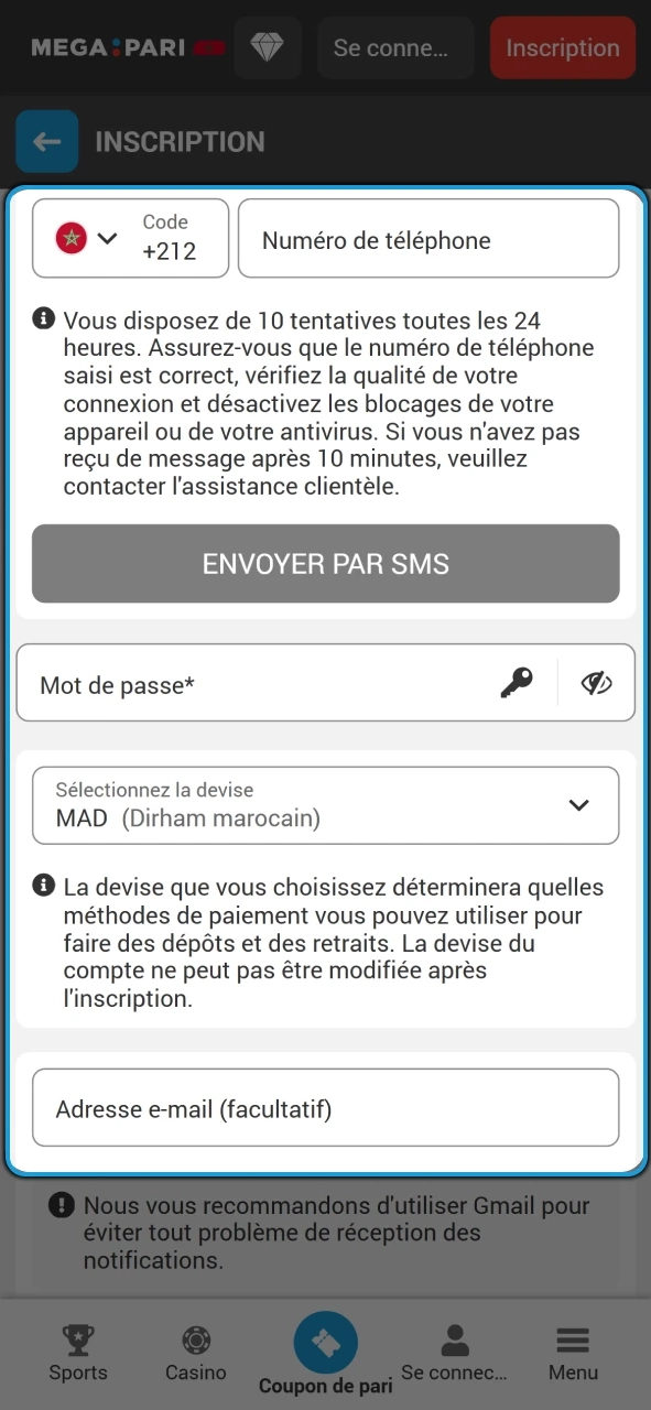 Remplissez le formulaire d'inscription Megapari.