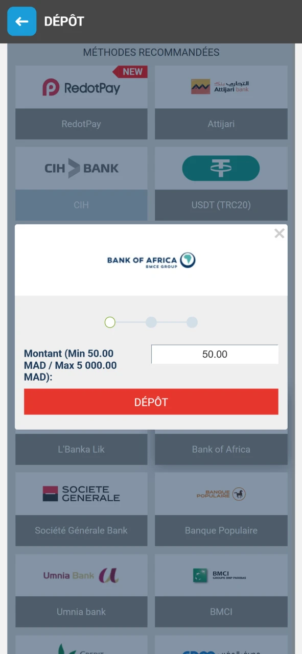Choisissez le mode de recharge de votre compte Megapari et effectuez un dépôt.