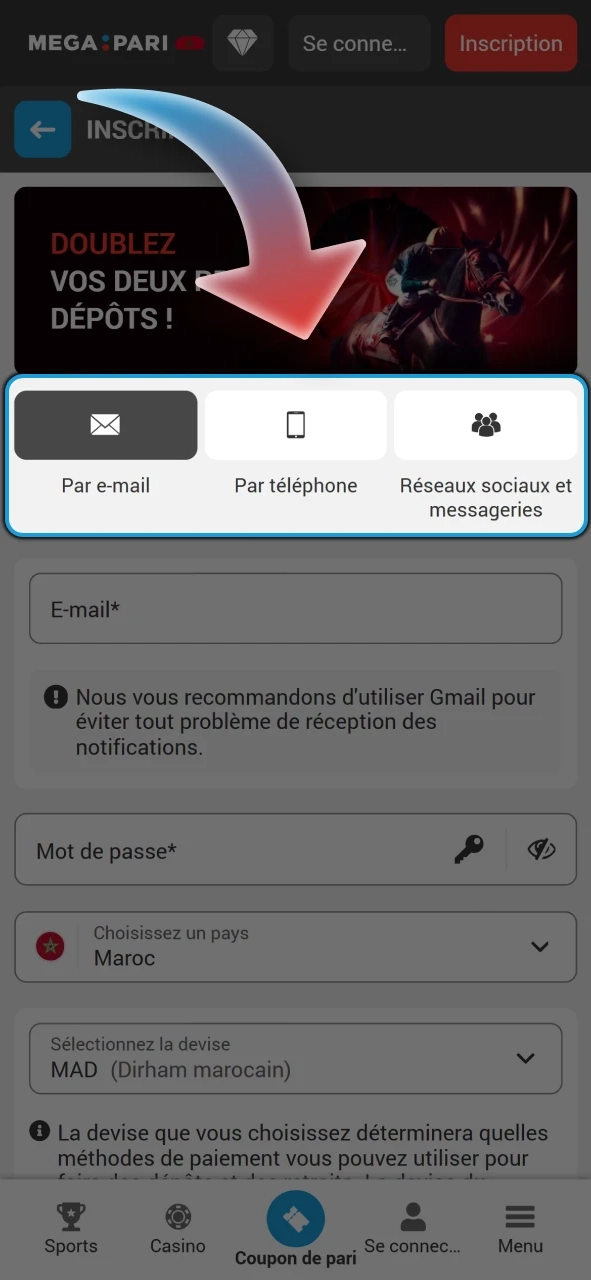 Choisissez l'une des méthodes d'inscription disponibles sur Megapari.