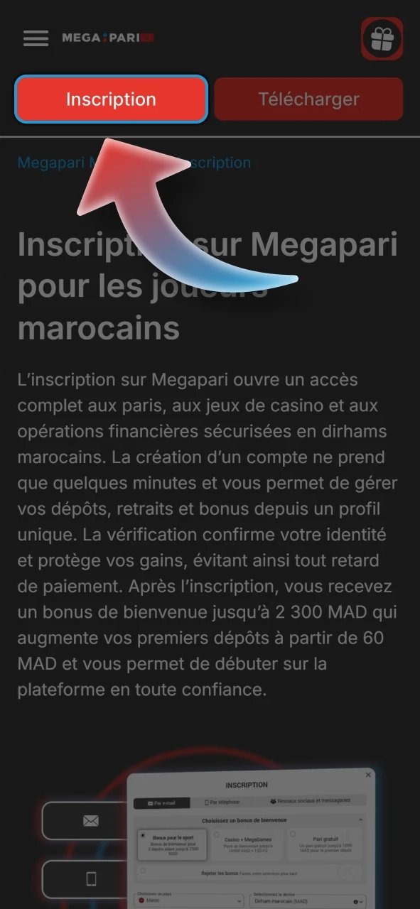 Utilisez le bouton dans l'en-tête du site pour commencer votre inscription sur Megapari.