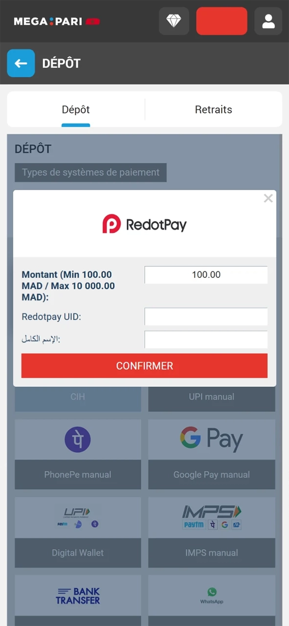 Effectuez un dépôt et commencez votre aventure sur Megapari.