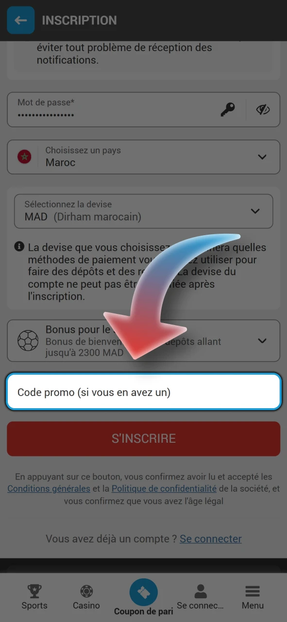 Entrez le code promotionnel dans le formulaire d'inscription Megapari, si vous en avez un.
