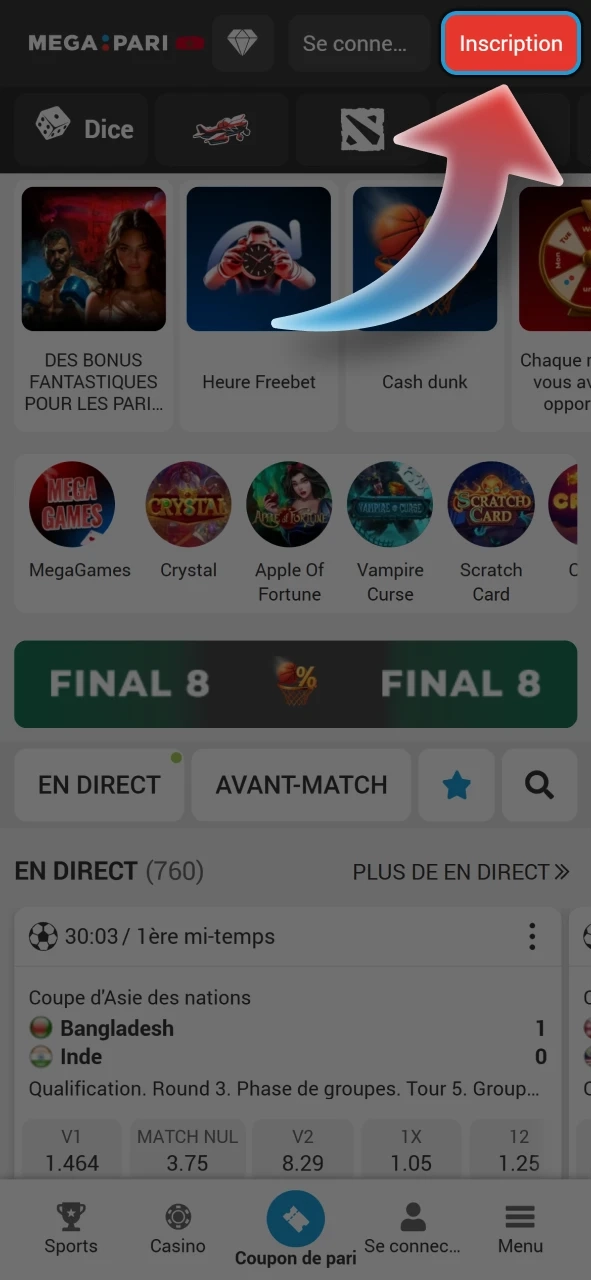 Cliquez sur le bouton d'inscription sur Megapari.
