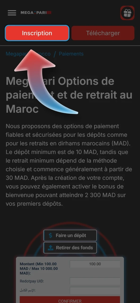 Cliquez sur le lien pour vous inscrire sur Megapari.