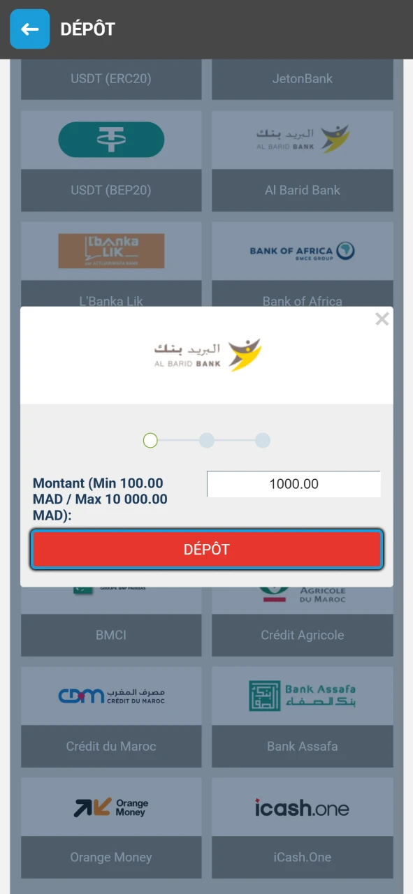 Indiquez le montant que vous souhaitez déposer sur votre solde Megapari et confirmez.