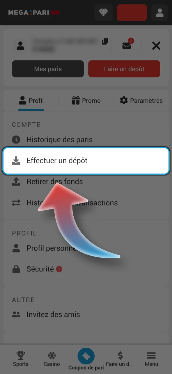 Trouvez le bouton Effectuer un dépôt dans le menu de votre compte Megapari.