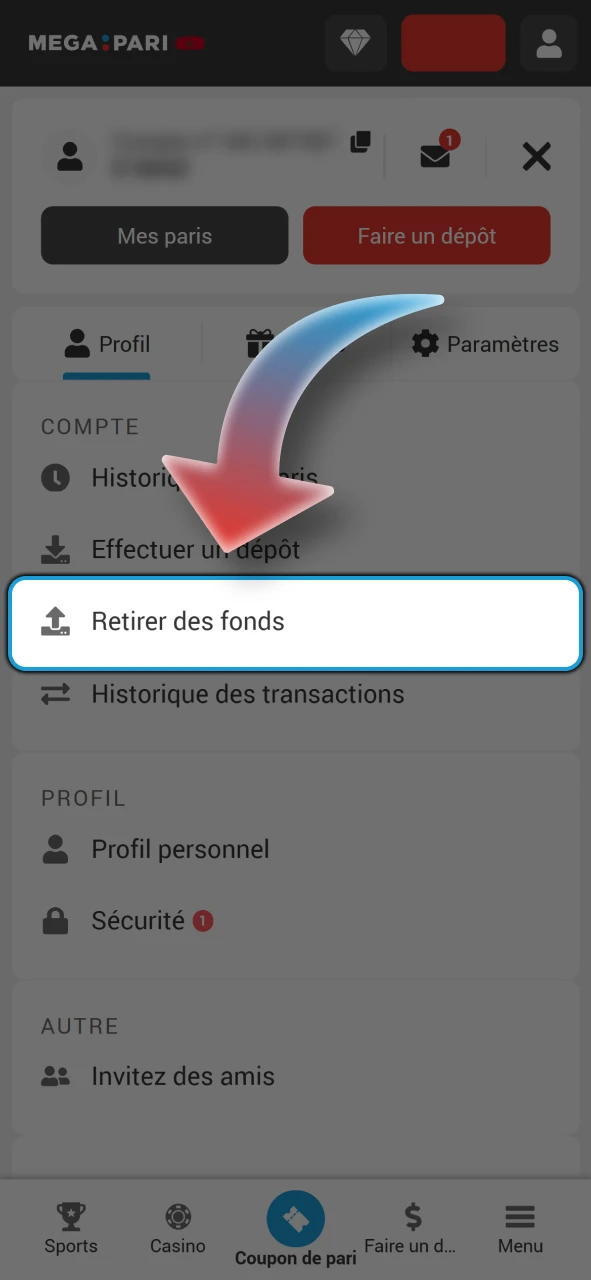 Trouvez le bouton de retrait de fonds du compte Megapari.