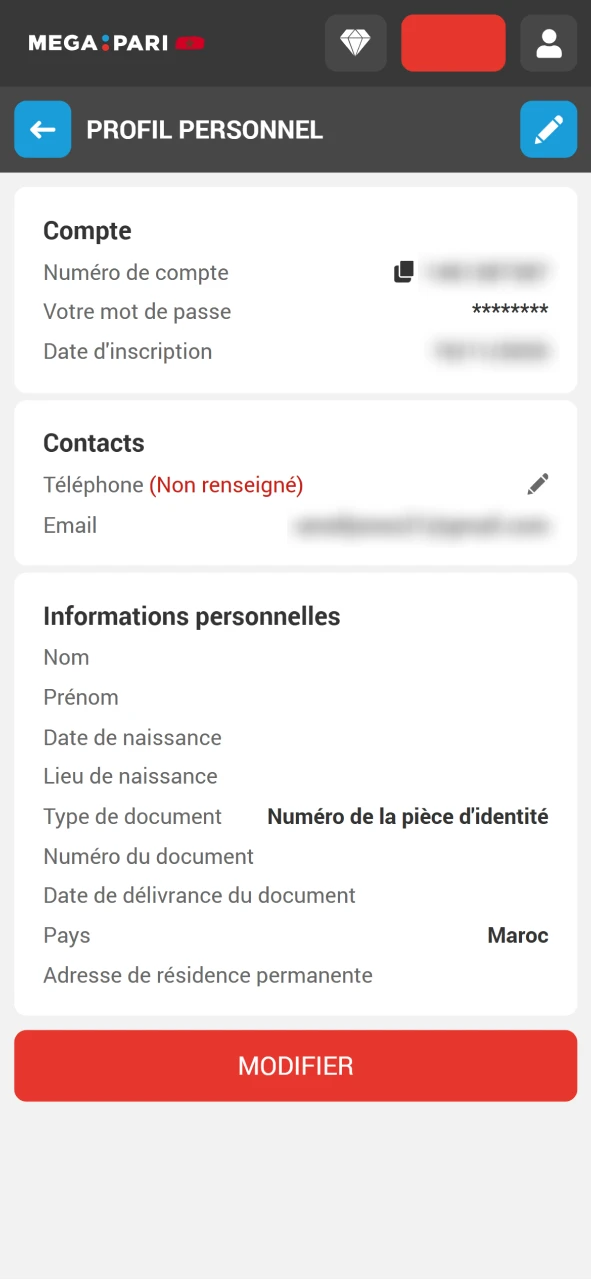 Remplissez tous les champs obligatoires de votre profil Megapari.