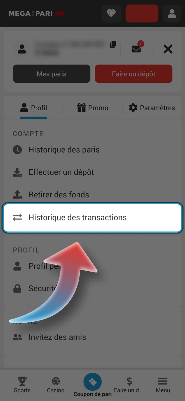Ouvrez l'historique des transactions pour suivre le statut de la transaction sur Megapari.