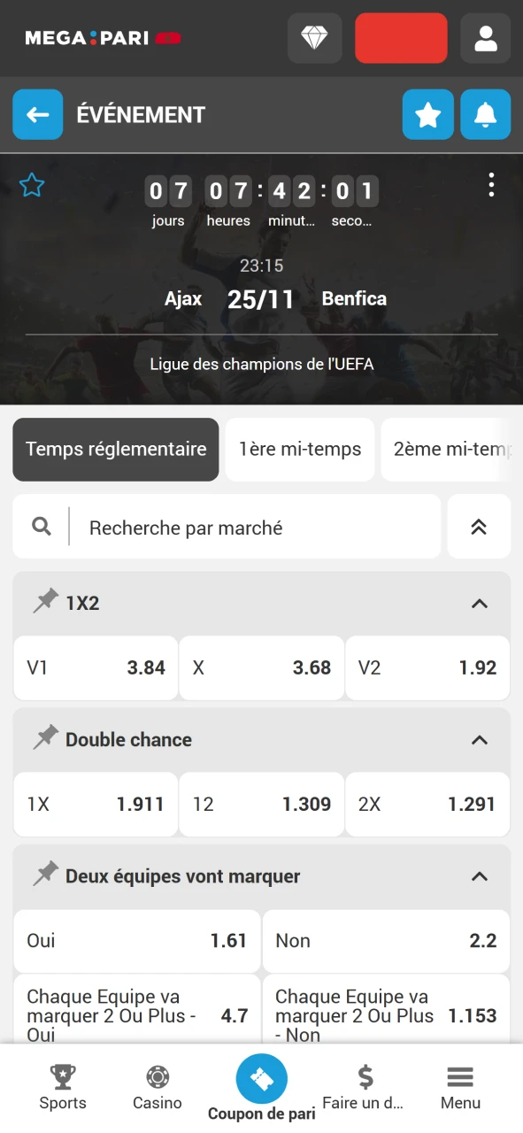 Choisissez le match sur lequel vous souhaitez parier sur Megapari.