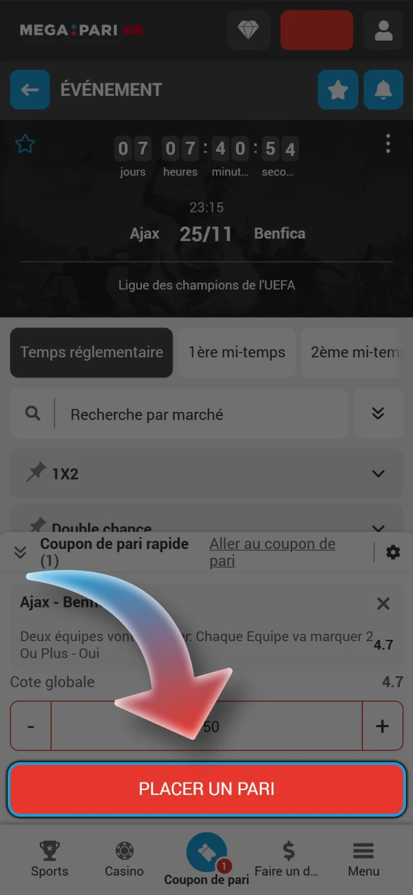 Vérifiez que le formulaire est correctement rempli et confirmez votre pari sur Megapari.