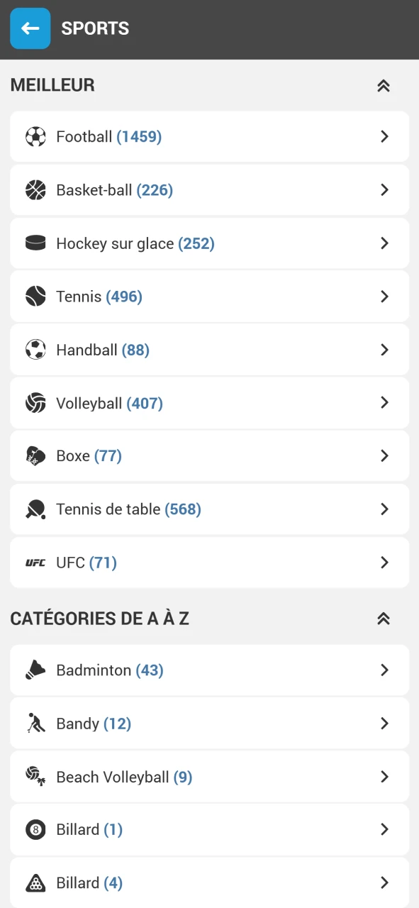 Ouvrez la section sports de Megapari et sélectionnez celui qui vous intéresse.