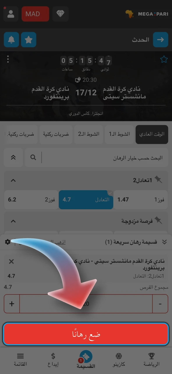 تأكد من أن النموذج قد تم ملؤه بشكل صحيح وقم بتأكيد رهانك على Megapari.
