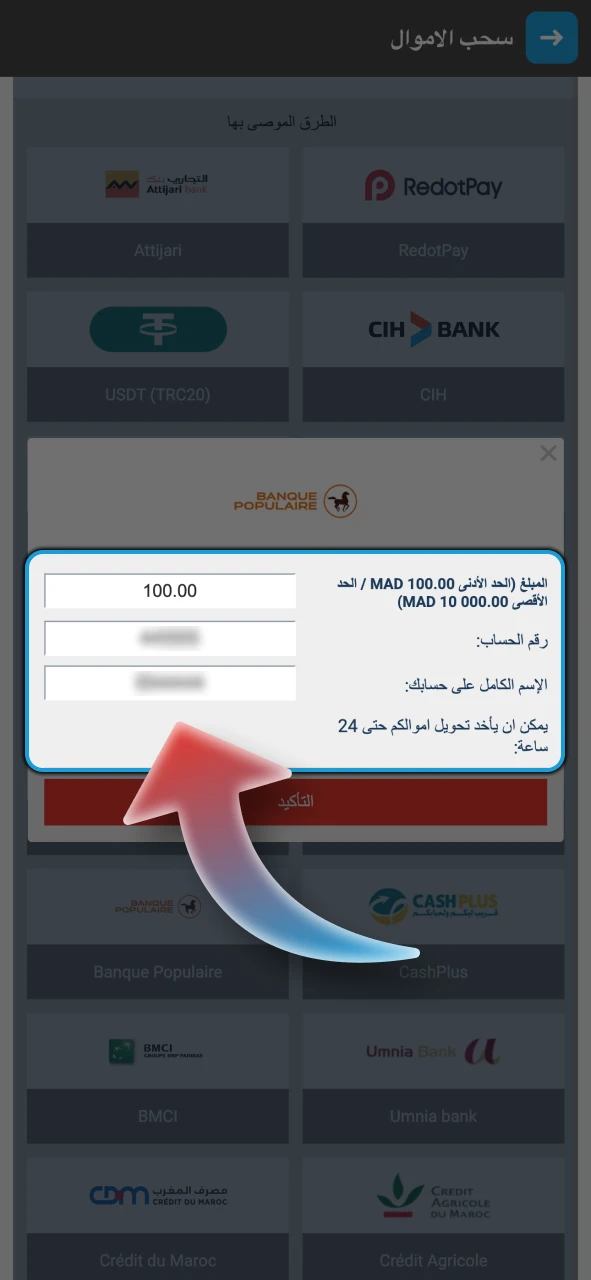 أدخل جميع المعلومات اللازمة لسحب الأموال من Megapari.